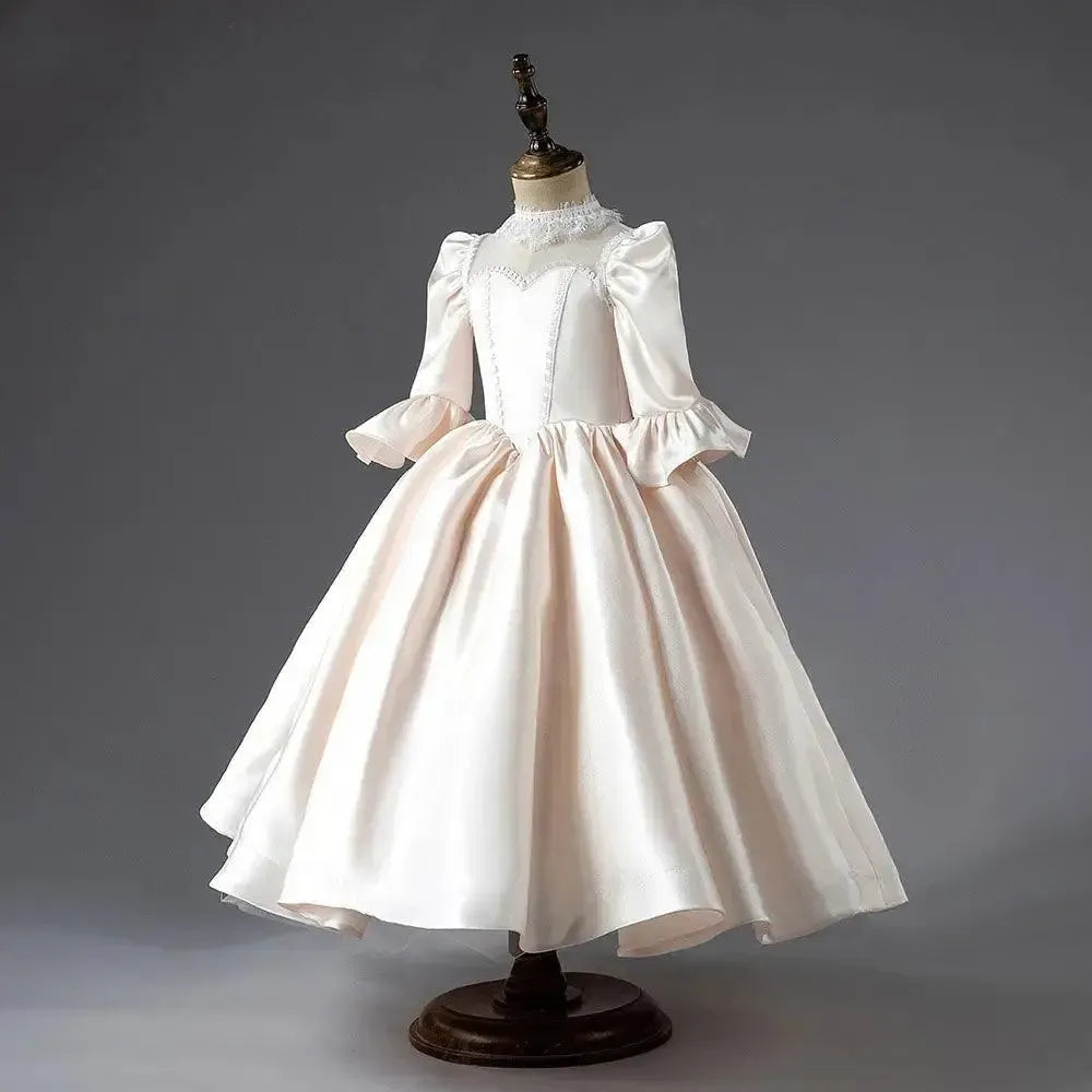 Jill Wish Elegent Ivory Girl Dress Satin High Neck Dubai Kids Princess J043