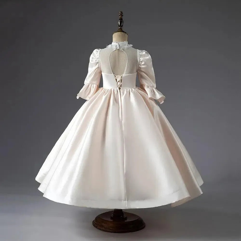 Jill Wish Elegent Ivory Girl Dress Satin High Neck Dubai Kids Princess J043