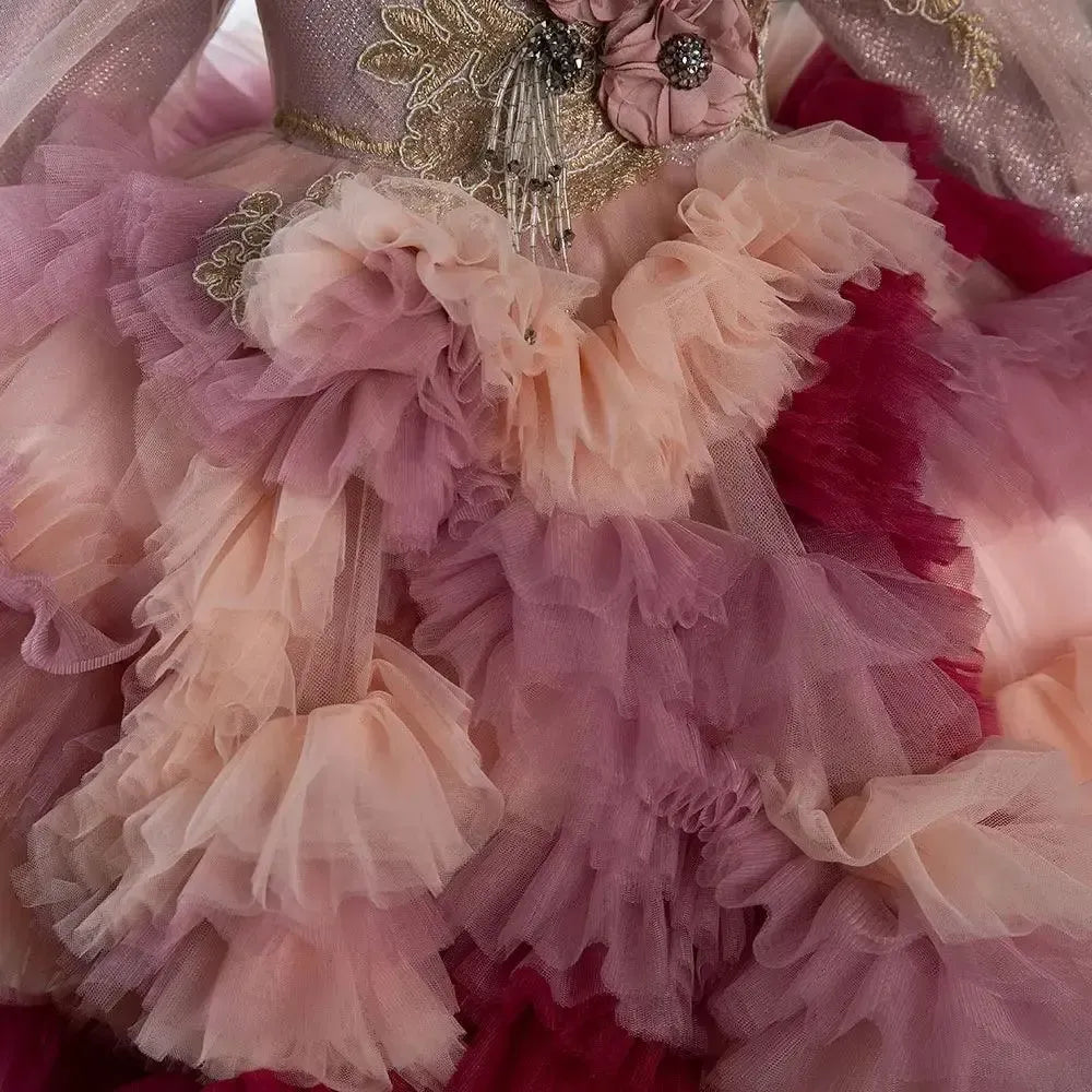 Jill Wish Floral Dubai Fuchsia Flower Girl Dresses Arabic Appliques Princess J402