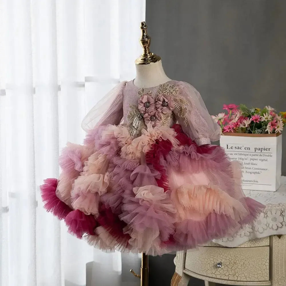 Jill Wish Floral Dubai Fuchsia Flower Girl Dresses Arabic Appliques Princess J402