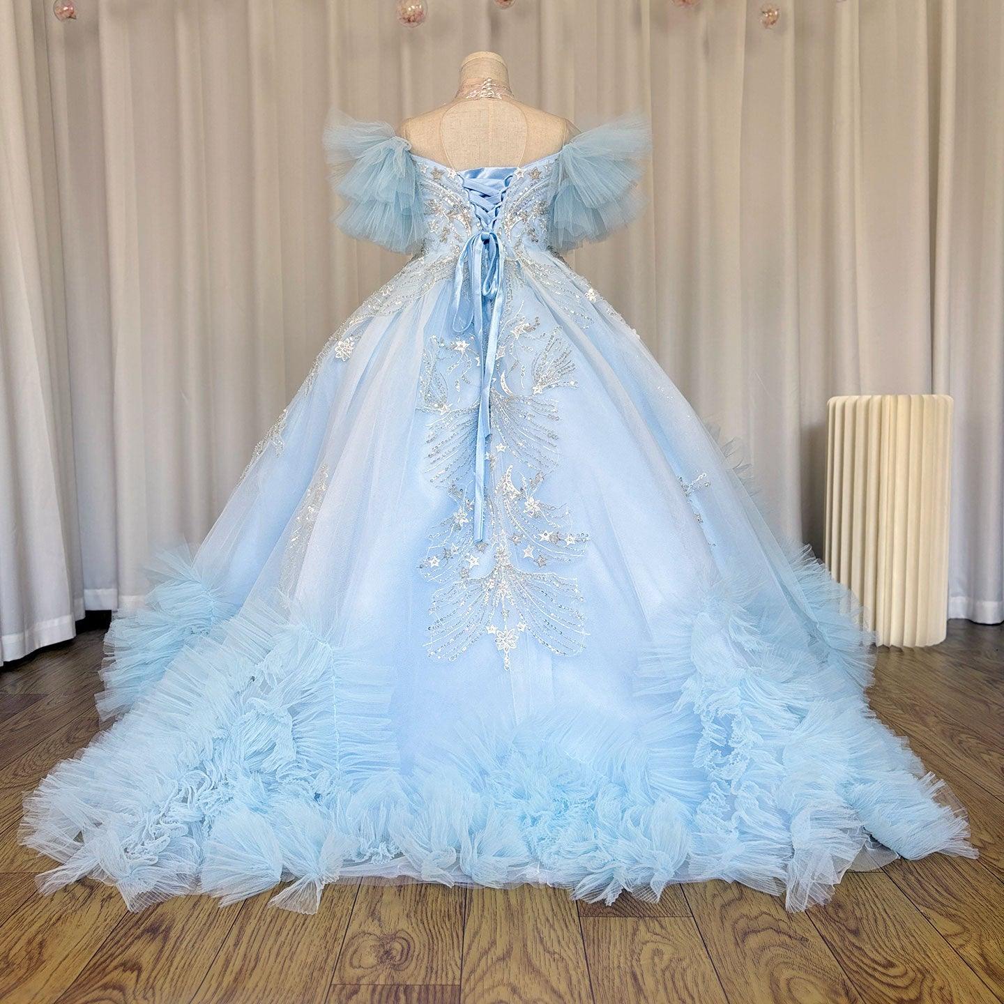 Luxury Arab Sky Blue Girl Dress Beaded Dubai Kids Princess J220