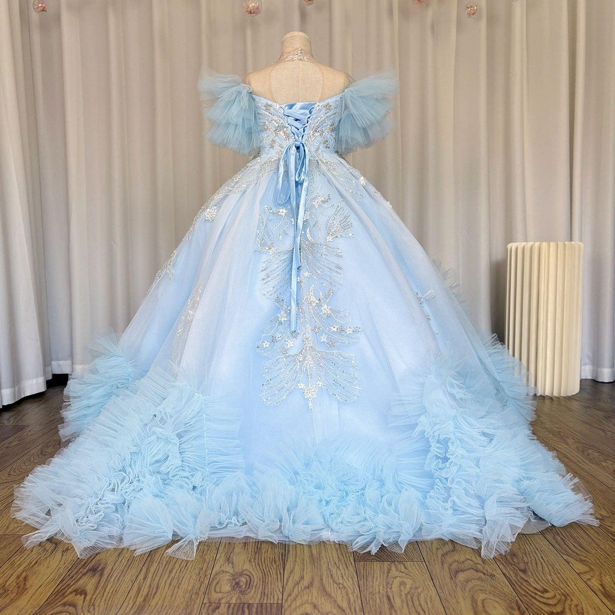 Jill Wish Luxury Arab Sky Blue Girl Dress Beaded Dubai Kids Princess J220