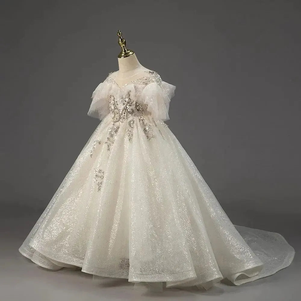 Jill Wish Luxury Arabic Champagne Flower Girl Dress Pearl Beaded Princess Gown J009