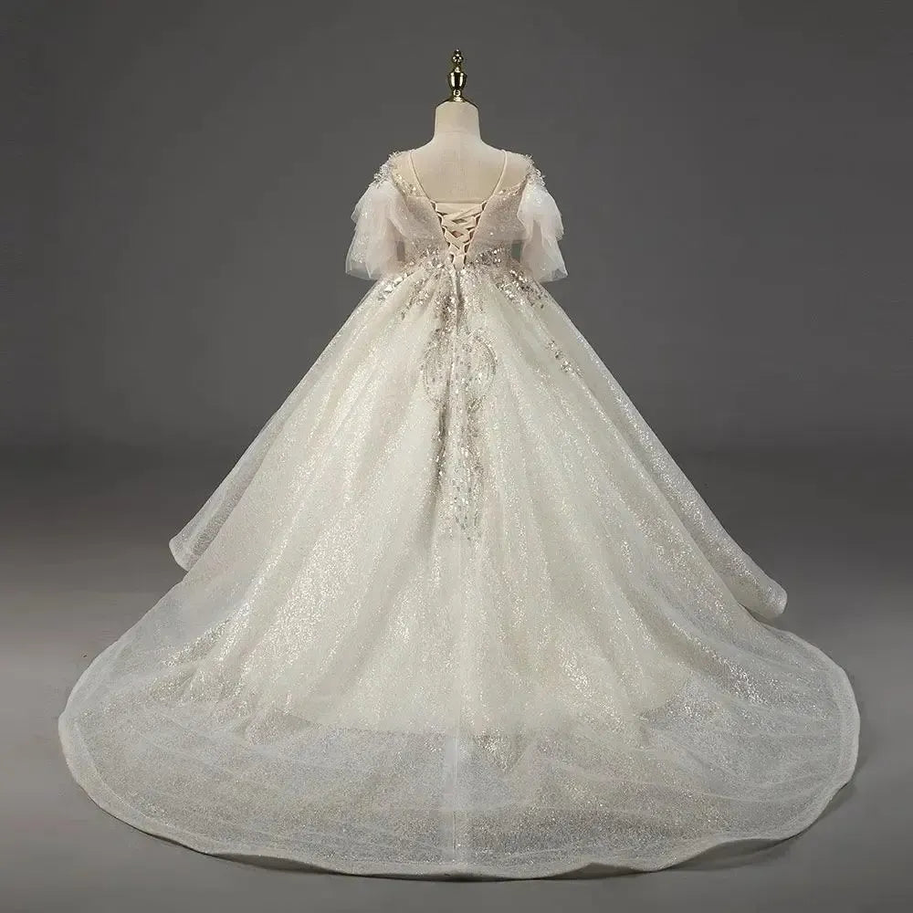 Jill Wish Luxury Arabic Champagne Flower Girl Dress Pearl Beaded Princess Gown J009