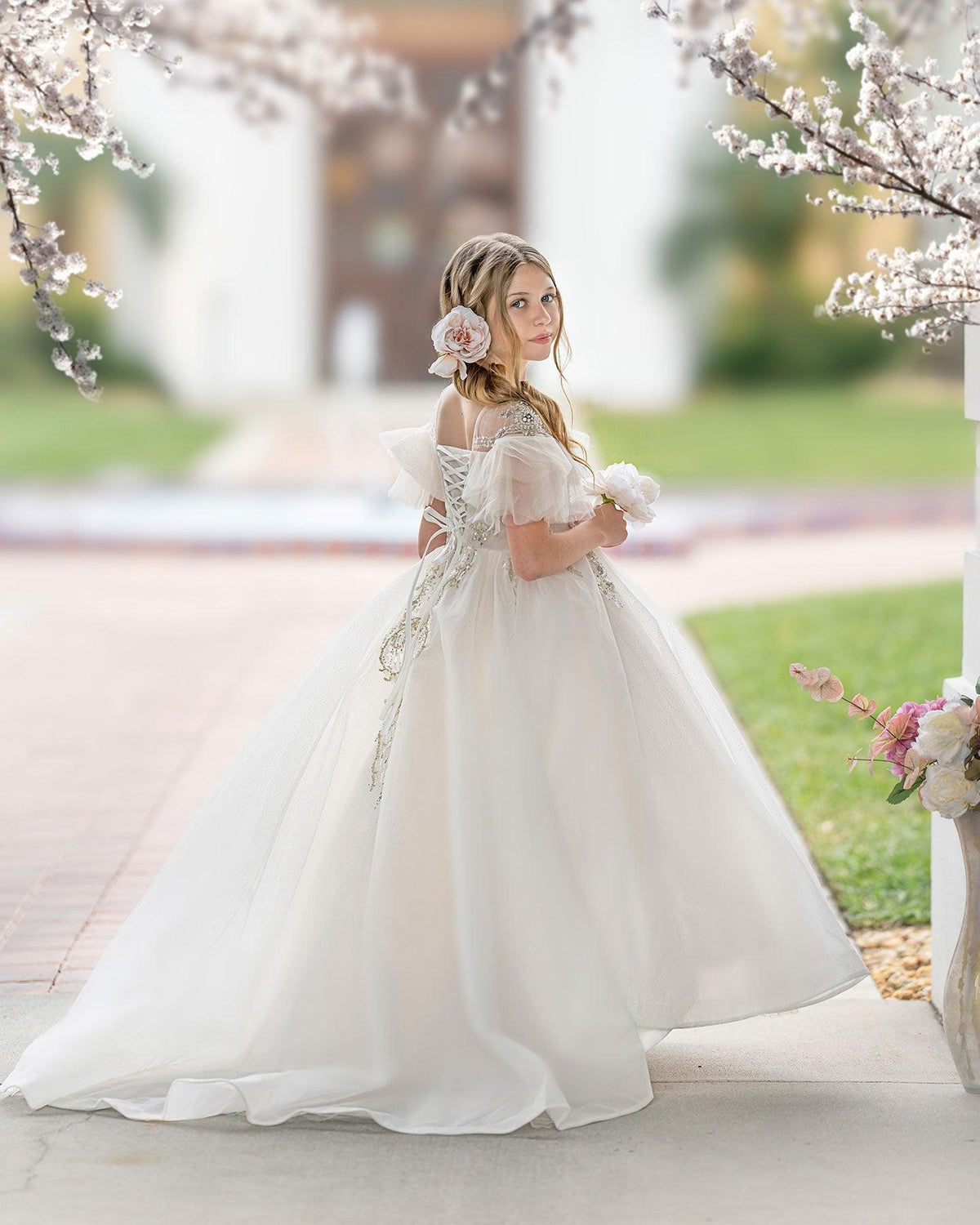 Jill Wish Luxury Arabic Champagne Flower Girl Dress Pearl Beaded Princess Gown J009