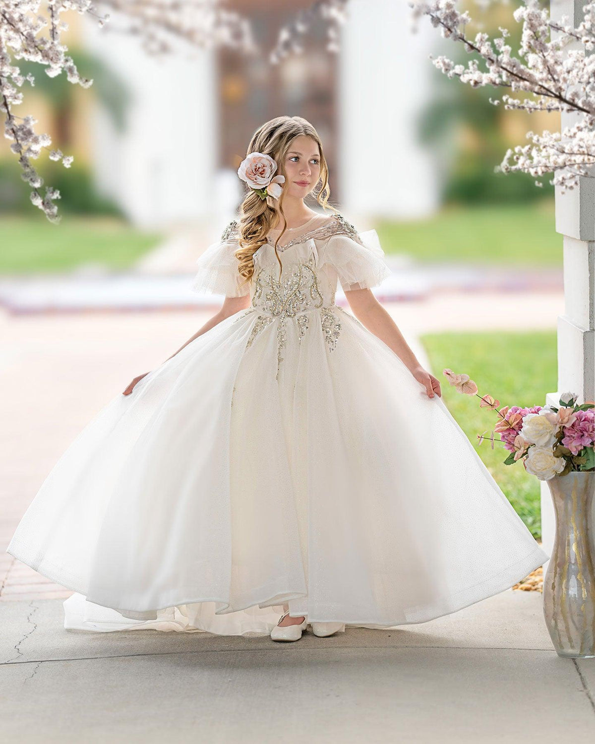Jill Wish Luxury Arabic Champagne Flower Girl Dress Pearl Beaded Princess Gown J009