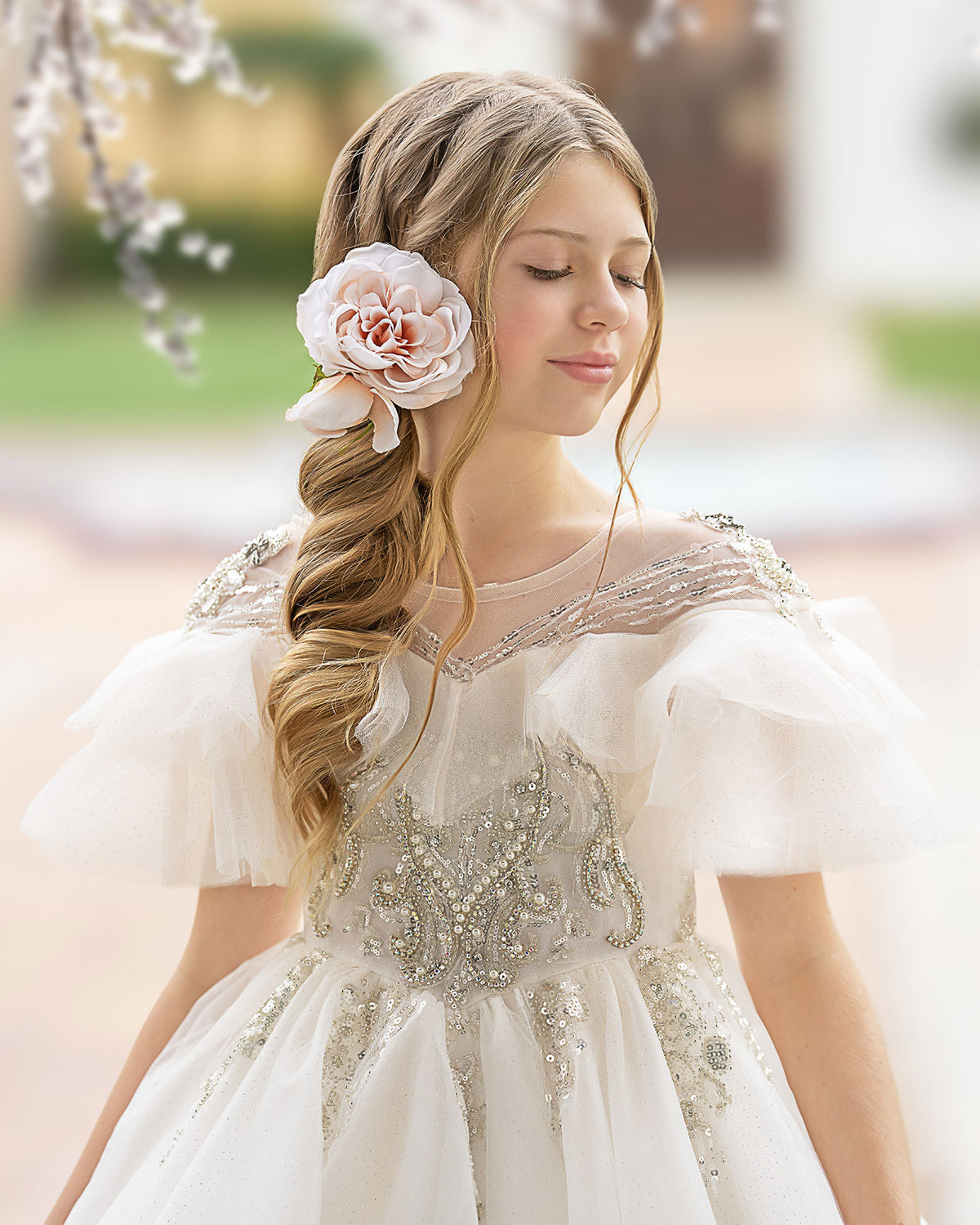 Jill Wish Luxury Arabic Champagne Flower Girl Dress Pearl Beaded Princess Gown J009