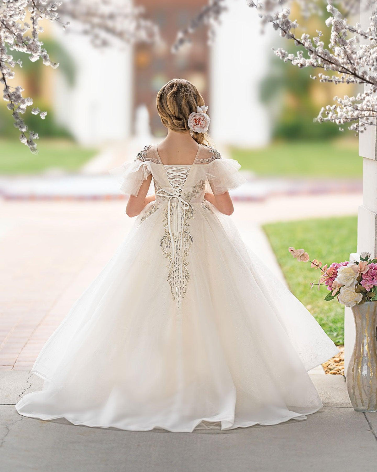 Jill Wish Luxury Arabic Champagne Flower Girl Dress Pearl Beaded Princess Gown J009
