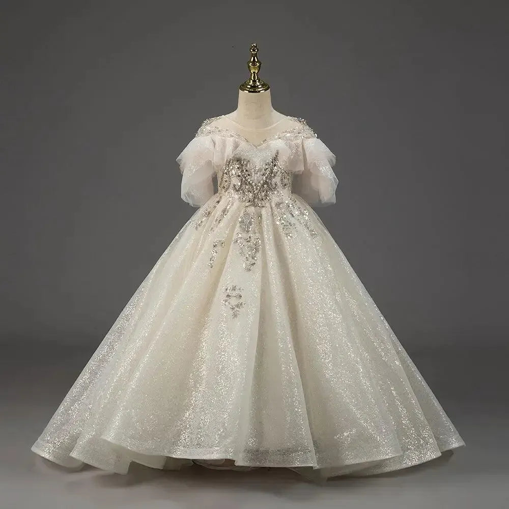 Jill Wish Luxury Arabic Champagne Flower Girl Dress Pearl Beaded Princess Gown J009