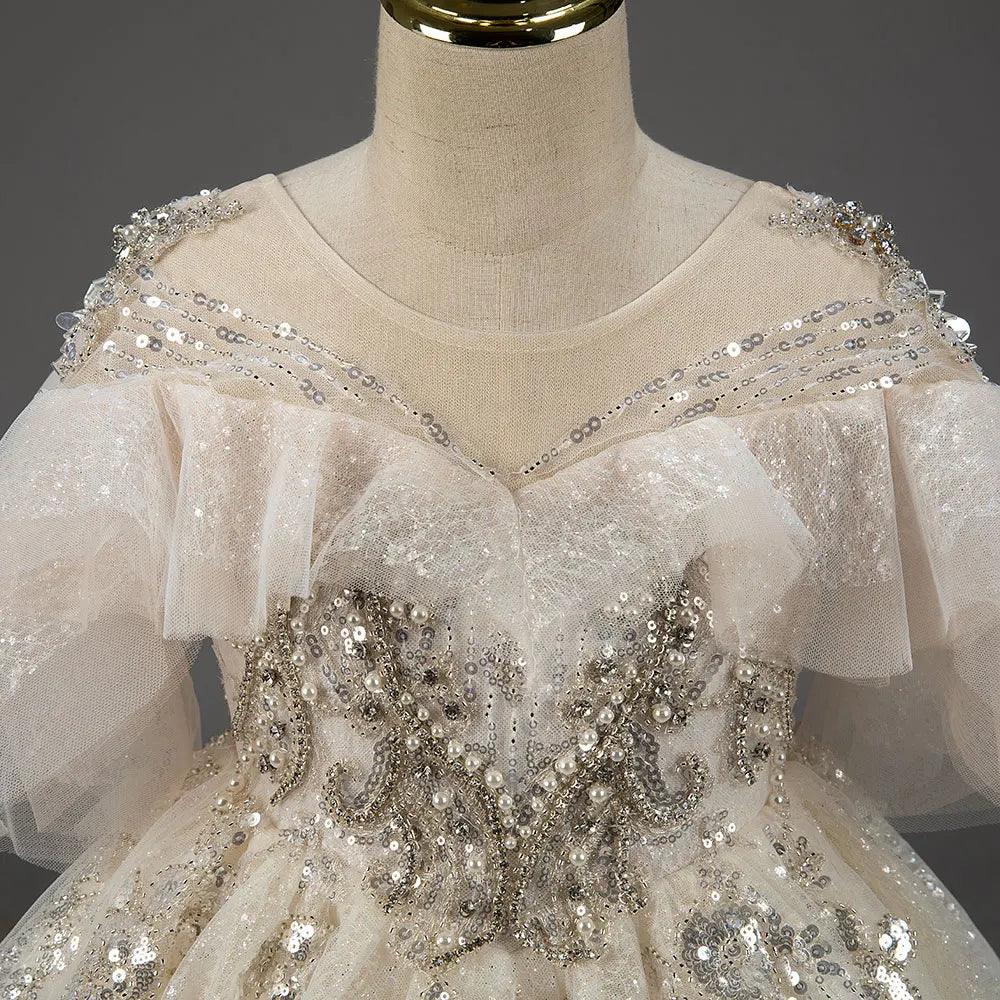 Jill Wish Luxury Arabic Champagne Flower Girl Dress Pearl Beaded Princess Gown J009