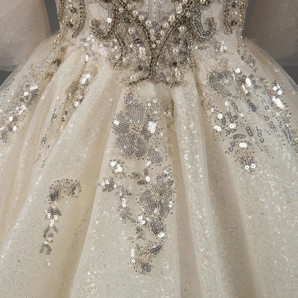 Jill Wish Luxury Arabic Champagne Flower Girl Dress Pearl Beaded Princess Gown J009