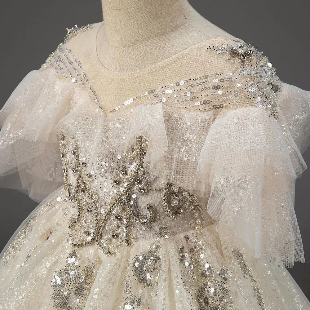 Jill Wish Luxury Arabic Champagne Flower Girl Dress Pearl Beaded Princess Gown J009