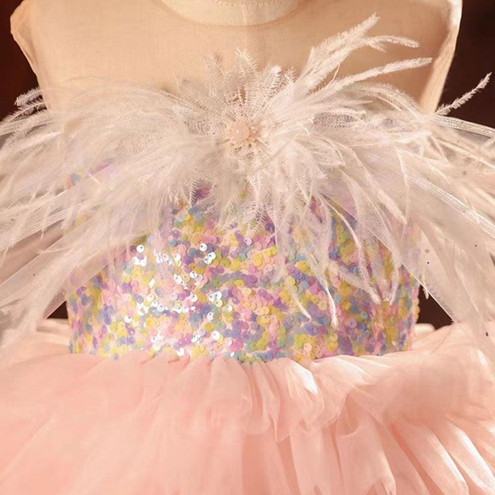 Jill Wish Luxury Arabic Colorful Dubai Girl Dress Feathers Baby Children J212