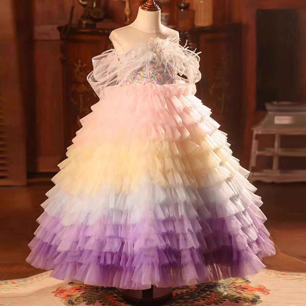 Jill Wish Luxury Arabic Colorful Dubai Girl Dress Feathers Baby Children J212