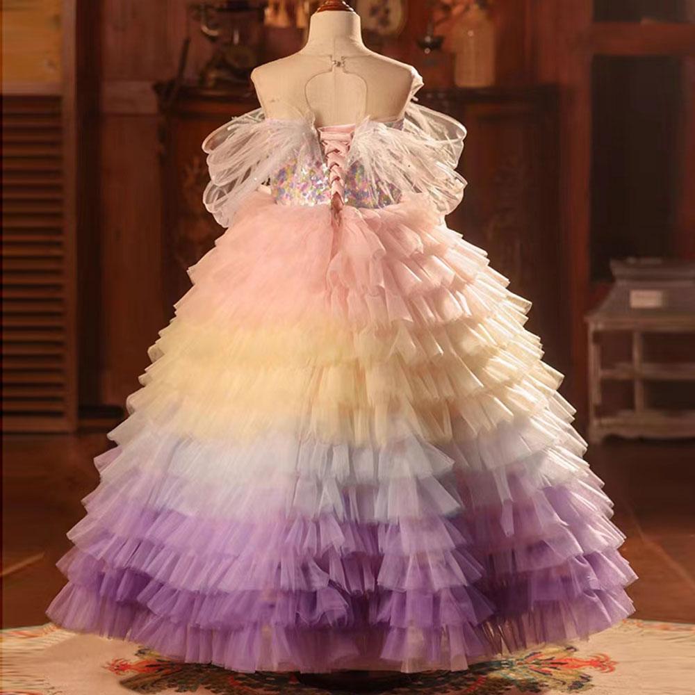 Jill Wish Luxury Arabic Colorful Dubai Girl Dress Feathers Baby Children J212