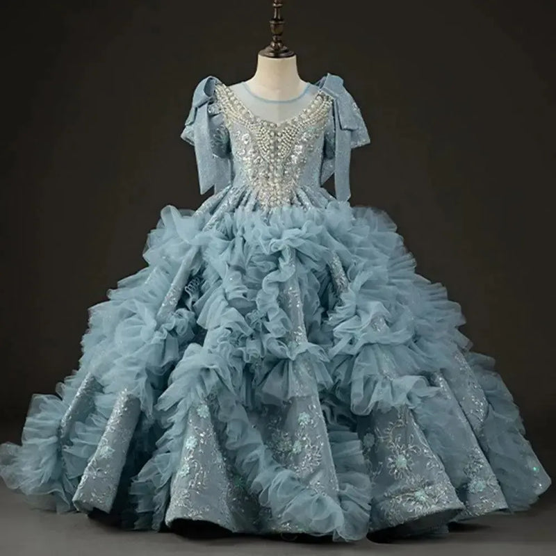 Jill Wish Luxury Arabic Flower Girl Dress Dubai Blue Pearls Beaded Princess J020