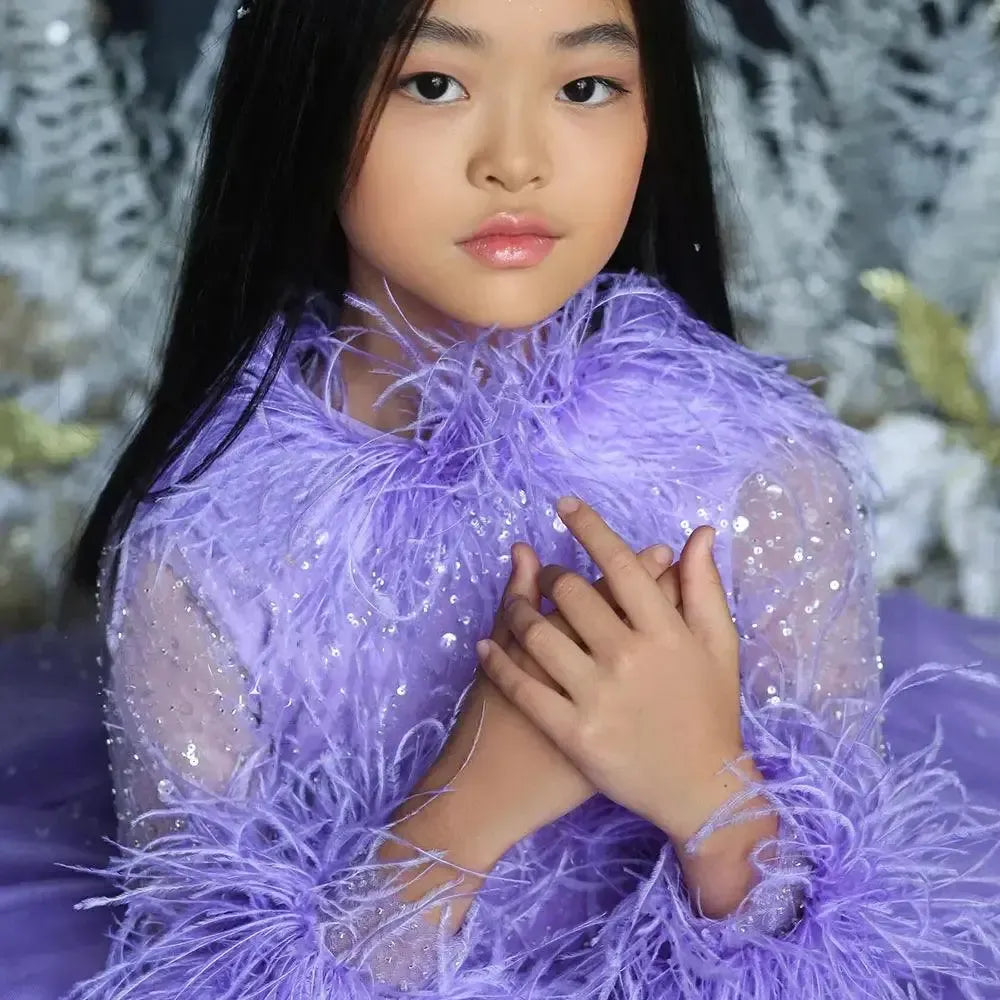 Jill Wish Luxury Arabic Lilac Girl Dress Feathers Long Sleeve Dubai Kids J371