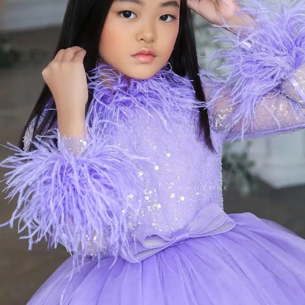Jill Wish Luxury Arabic Lilac Girl Dress Feathers Long Sleeve Dubai Kids J371