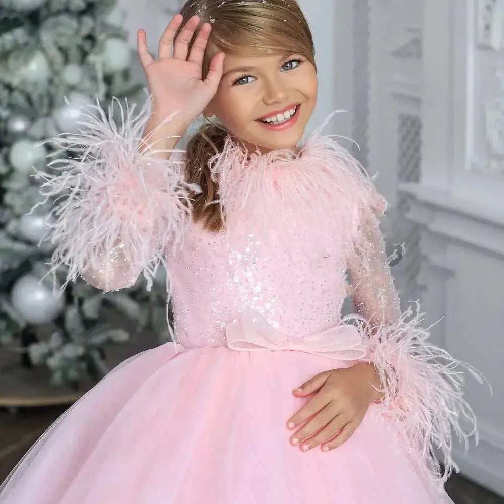 Jill Wish Luxury Arabic Lilac Girl Dress Feathers Long Sleeve Dubai Kids J371