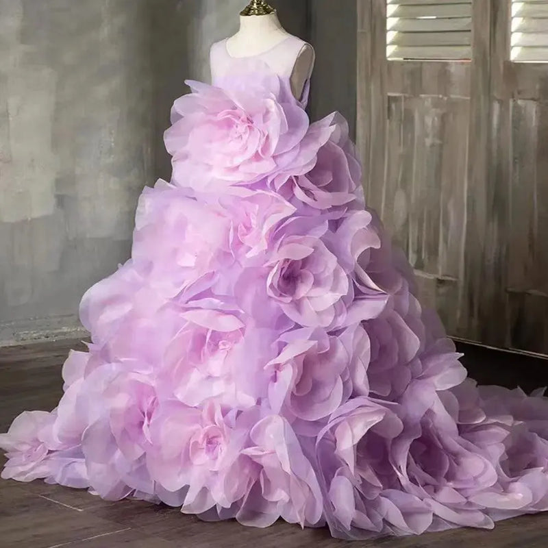 Jill Wish Luxury Arabic Lilac Girl Dress Handmade 3D Flowers J201