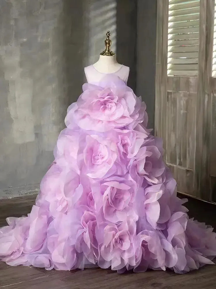 Jill Wish Luxury Arabic Lilac Girl Dress Handmade 3D Flowers J201