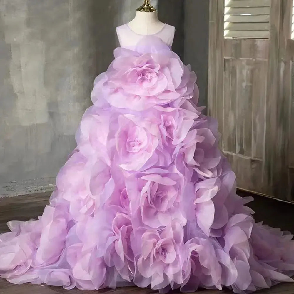 Jill Wish Luxury Arabic Lilac Girl Dress Handmade 3D Flowers J201