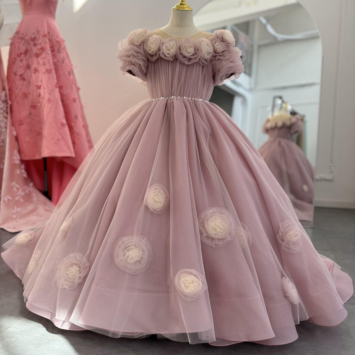 Jill Wish Luxury Arabic Pink Girl Dress Handmade Flowers Princess Gown J150