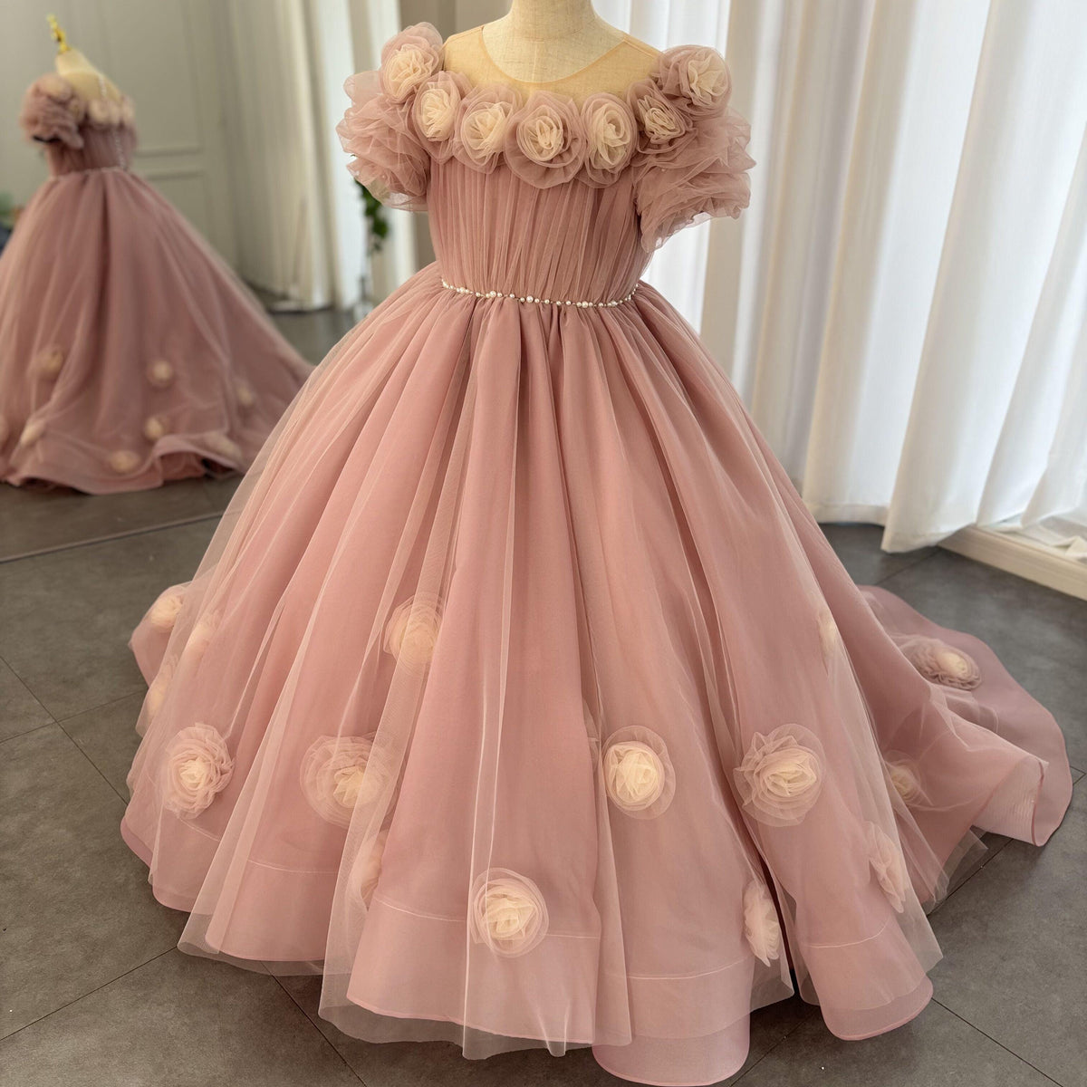 Jill Wish Luxury Arabic Pink Girl Dress Handmade Flowers Princess Gown J150
