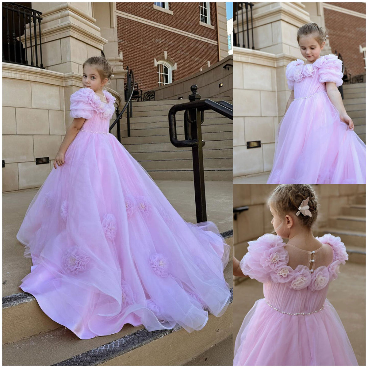 Jill Wish Luxury Arabic Pink Girl Dress Handmade Flowers Princess Gown J150
