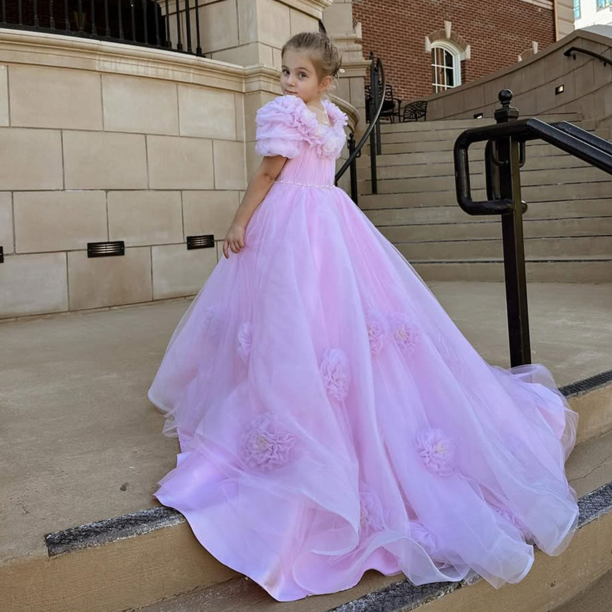 Jill Wish Luxury Arabic Pink Girl Dress Handmade Flowers Princess Gown J150