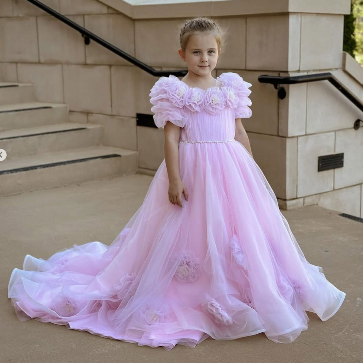 Jill Wish Luxury Arabic Pink Girl Dress Handmade Flowers Princess Gown J150