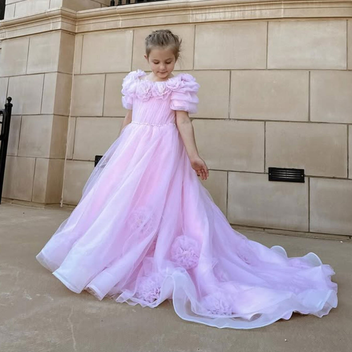 Jill Wish Luxury Arabic Pink Girl Dress Handmade Flowers Princess Gown J150