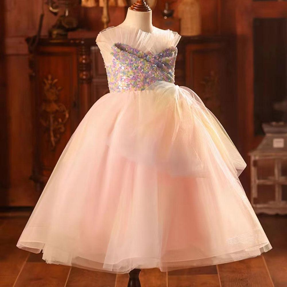 Jill Wish Luxury Arabic Pink Girl Dress Sequined Dubai Kids Princess J211