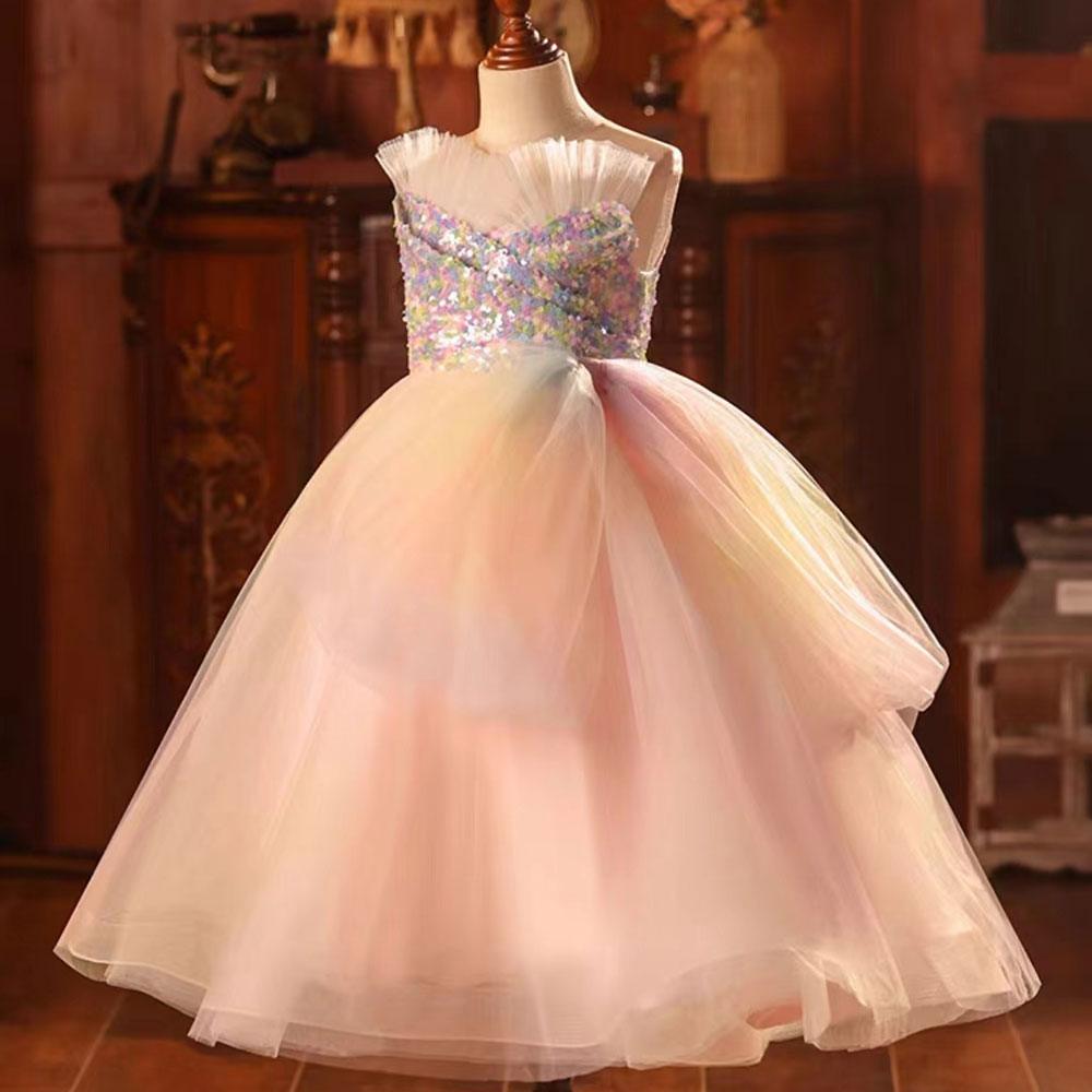 Jill Wish Luxury Arabic Pink Girl Dress Sequined Dubai Kids Princess J211
