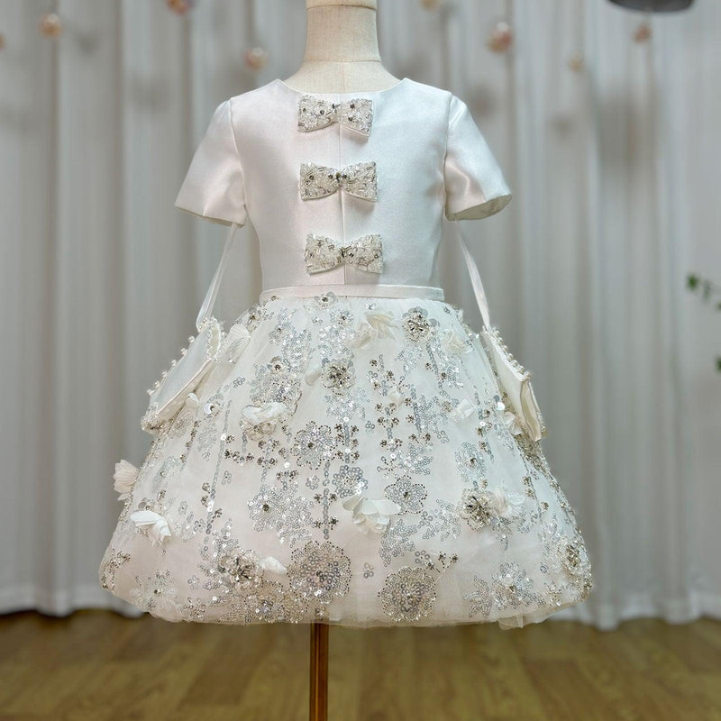 Jill Wish Luxury Arabic White Girl Dress Bow Handmade Flowers with Glove J357
