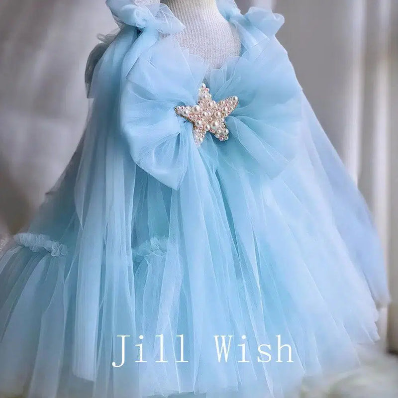 Jill Wish Luxury Blue Baby Flower Girl Dresses Mini Beading Pearls Princess J038