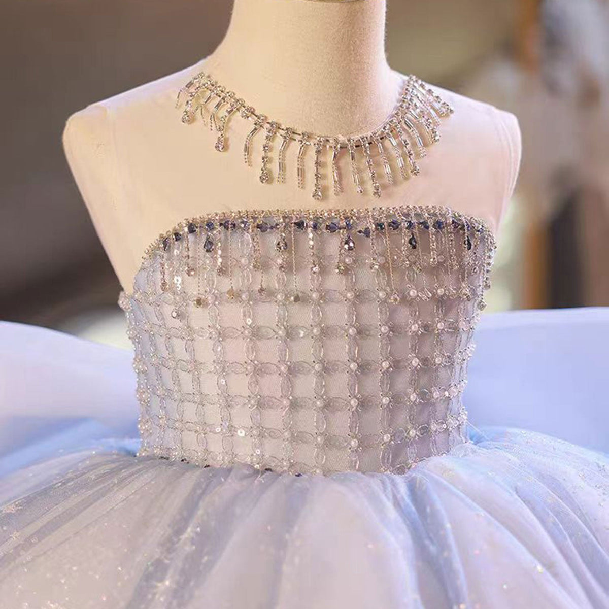Jill Wish Luxury Blue Dubai Crystal Birthday Girl Dress with Bow J135