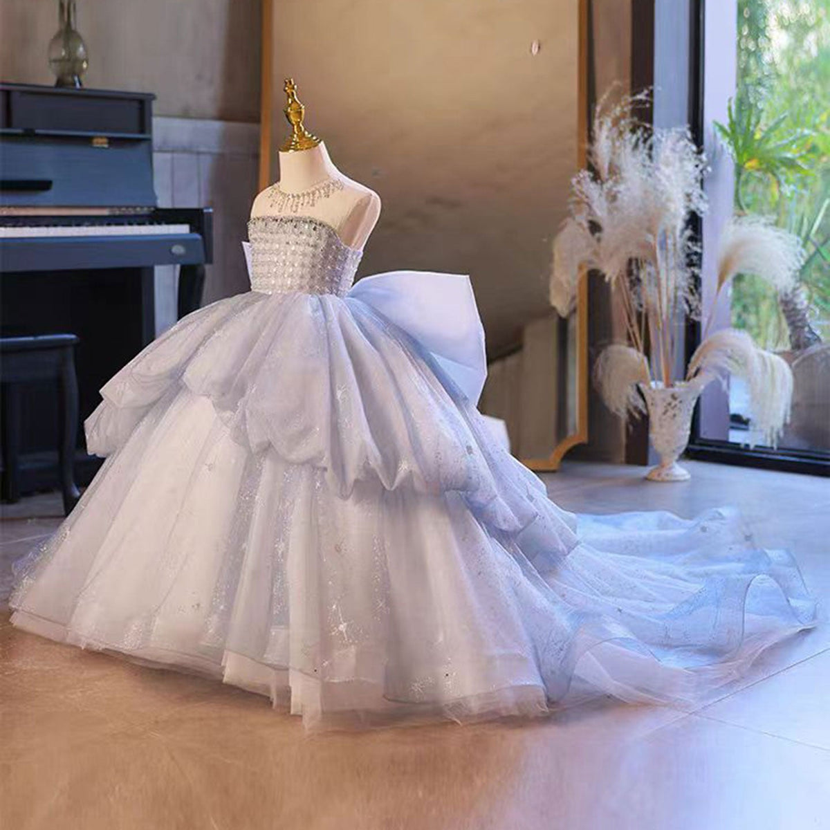 Jill Wish Luxury Blue Dubai Crystal Birthday Girl Dress with Bow J135