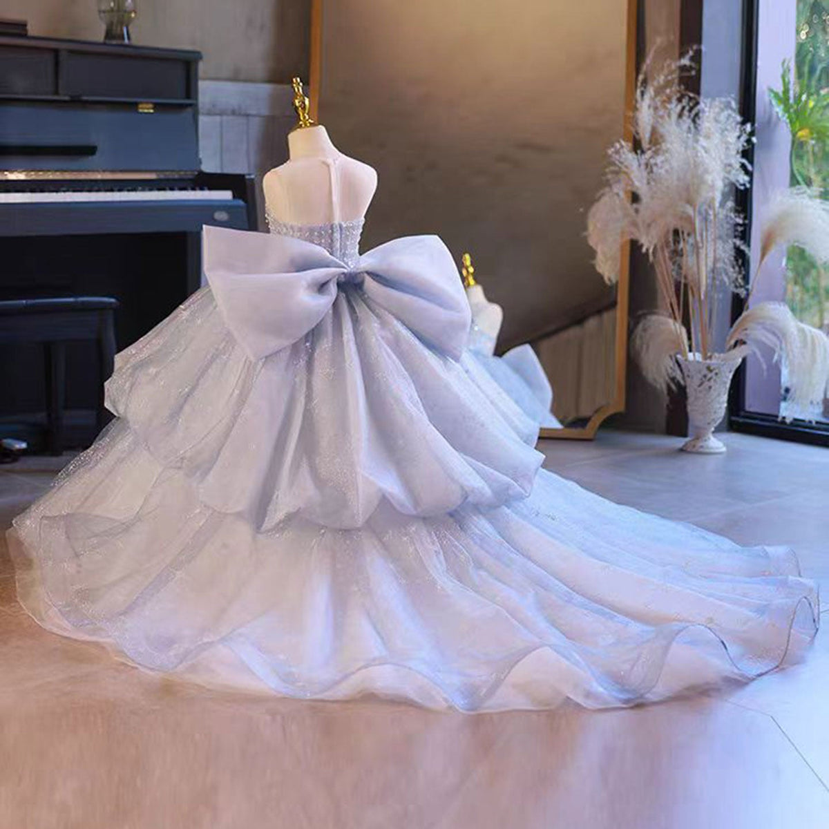 Jill Wish Luxury Blue Dubai Crystal Birthday Girl Dress with Bow J135