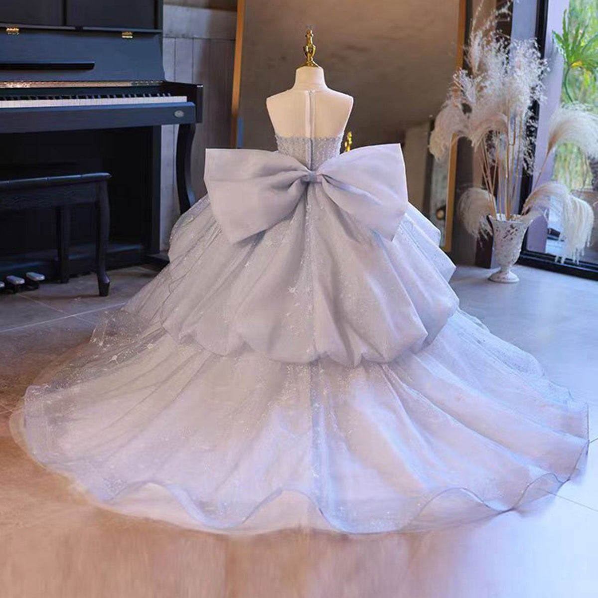 Jill Wish Luxury Blue Dubai Crystal Birthday Girl Dress with Bow J135