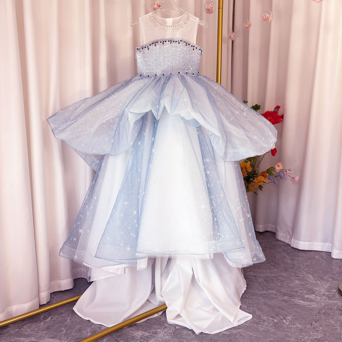 Jill Wish Luxury Blue Dubai Crystal Birthday Girl Dress with Bow J135