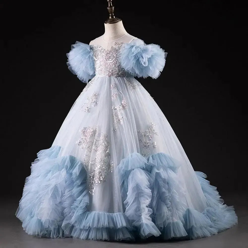 Jill Wish Luxury Blue Dubai Flower Girl Dress Beading Arabic Princess J387