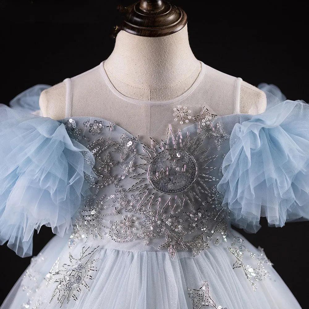Jill Wish Luxury Blue Dubai Flower Girl Dress Beading Arabic Princess J387