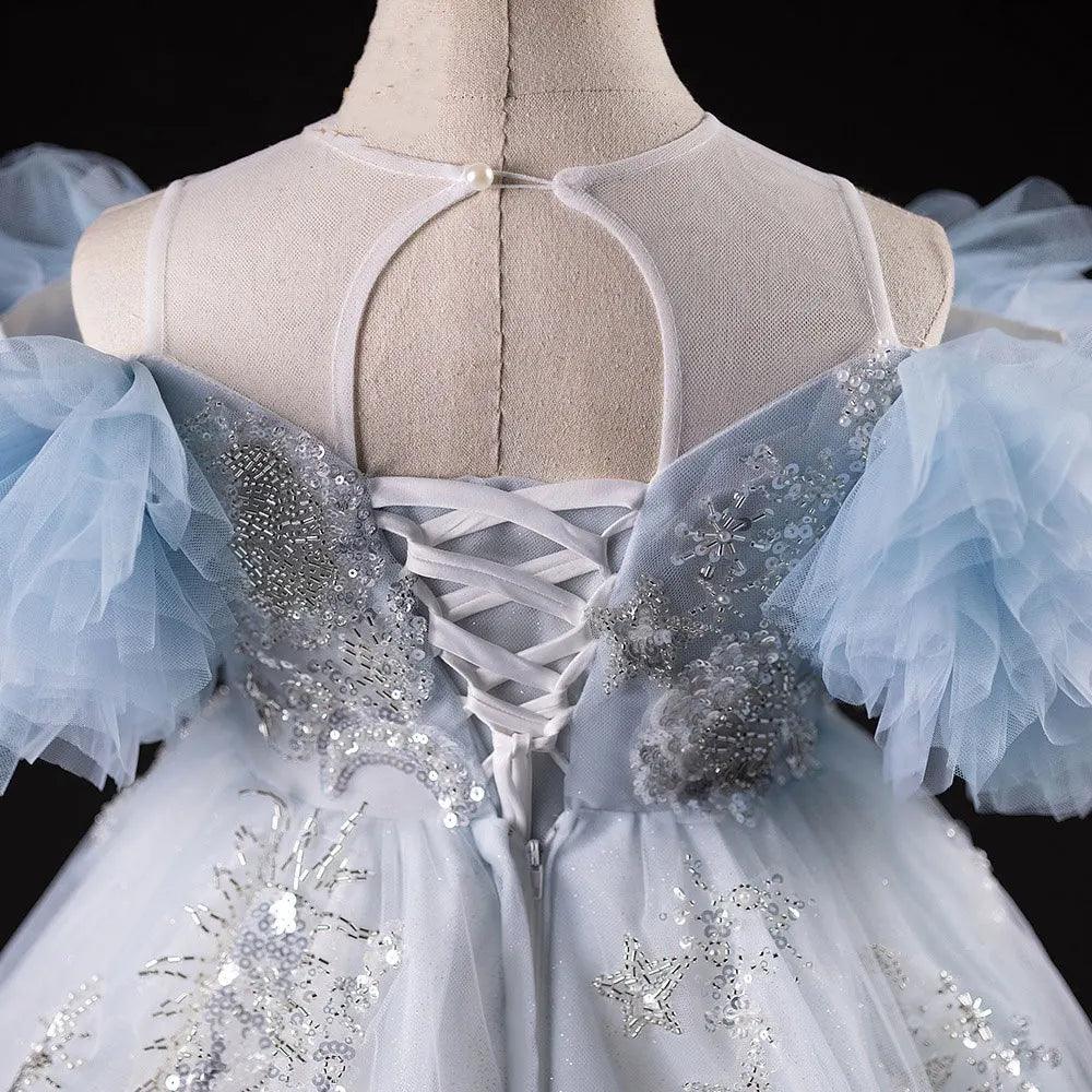 Jill Wish Luxury Blue Dubai Flower Girl Dress Beading Arabic Princess J387
