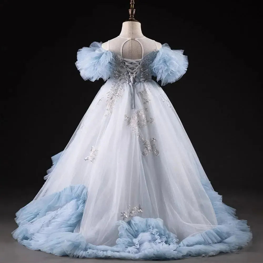 Jill Wish Luxury Blue Dubai Flower Girl Dress Beading Arabic Princess J387