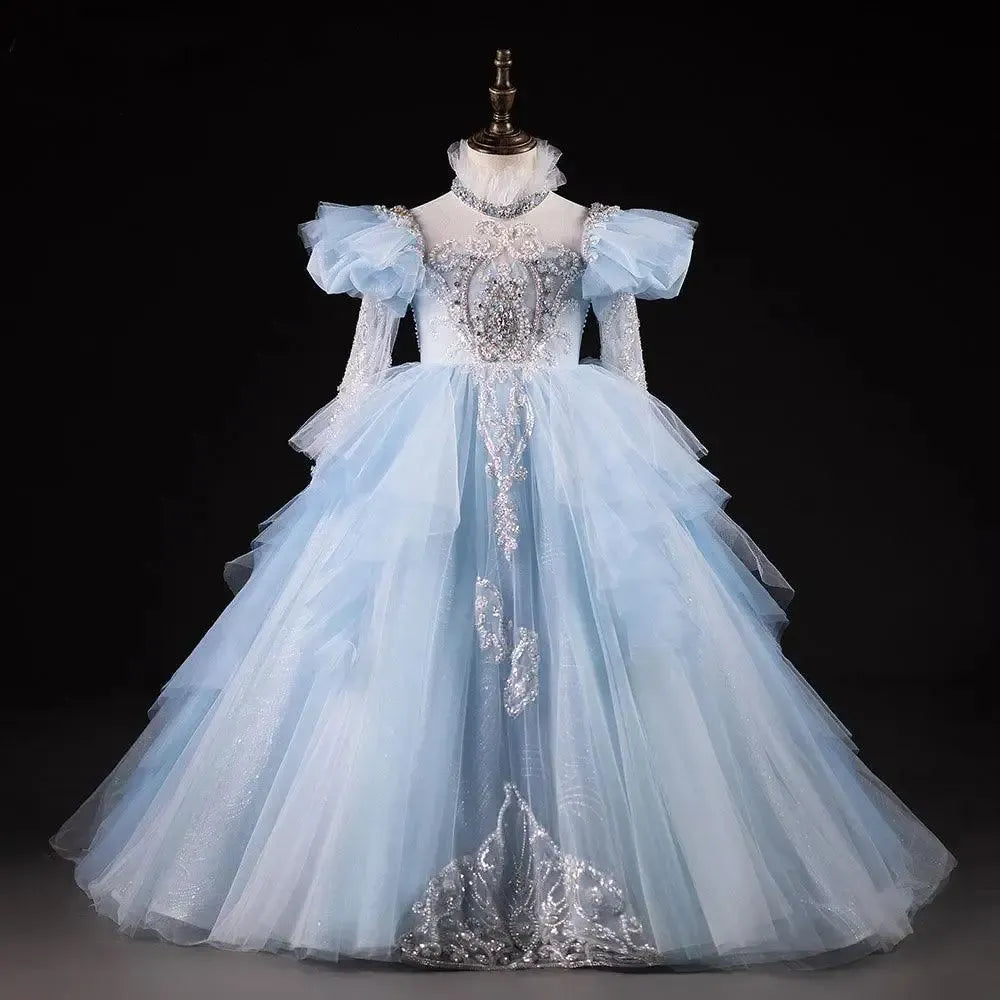 Jill Wish Luxury Blue Dubai Girl Dress Beaded Pearls Arabic Princess J378