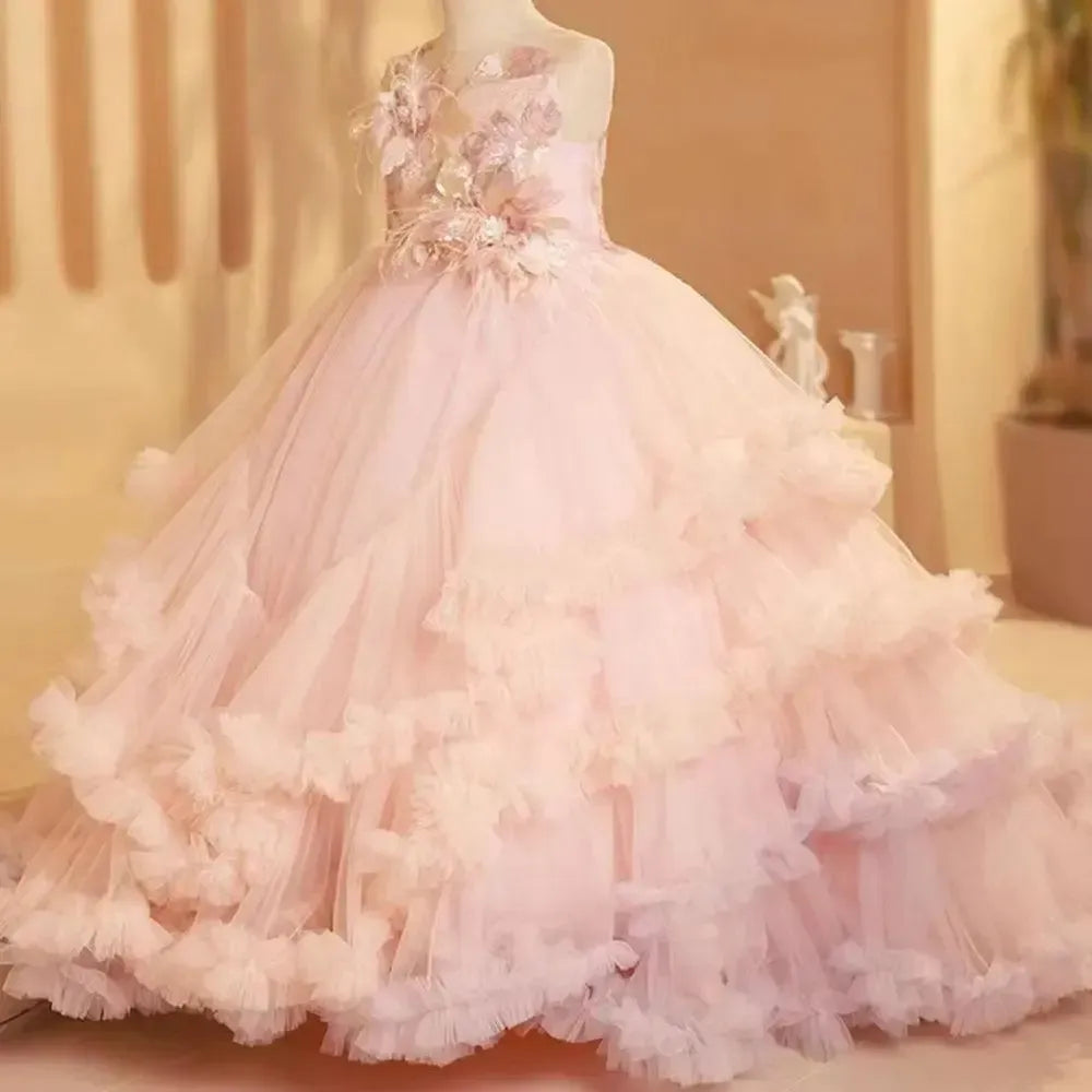 Jill Wish Luxury Blush Flower Girl Dress Feathers Arabic Princess Kids Wedding Birthday Party Ball Gown Holy Communion 2024 J246