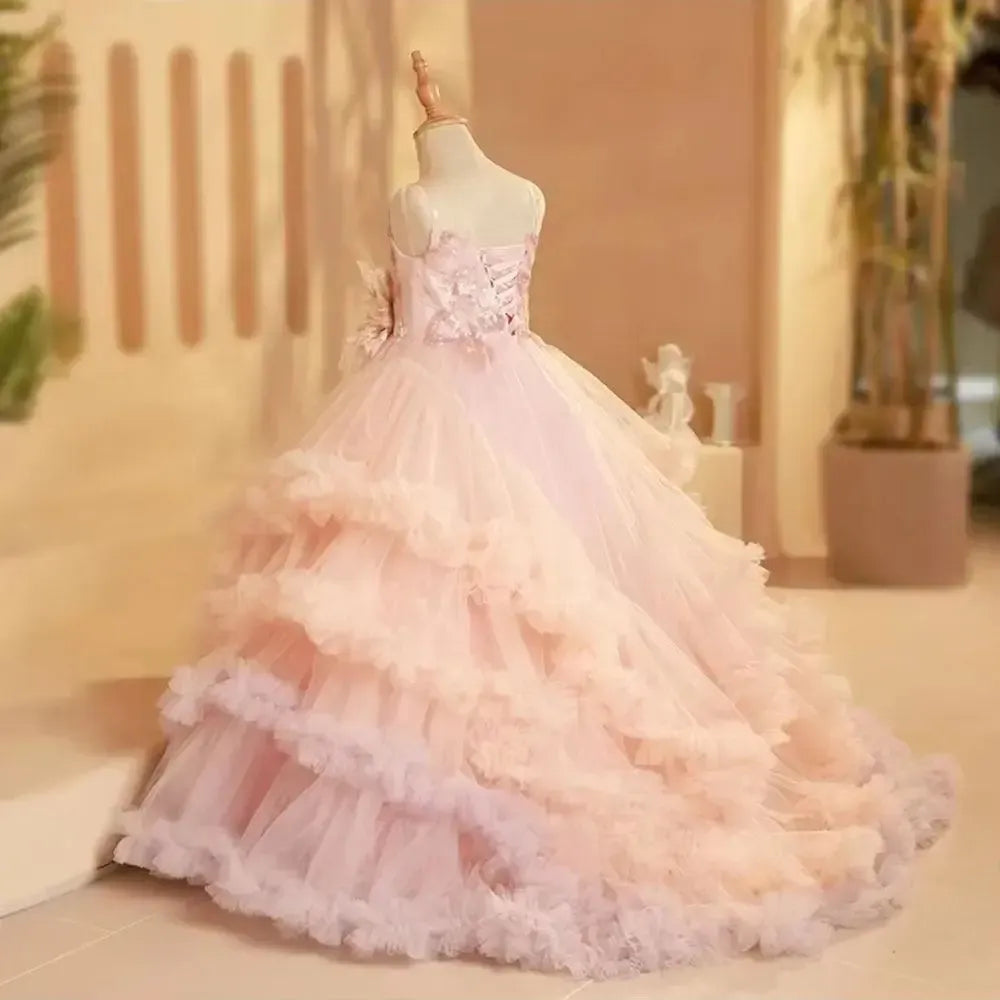 Jill Wish Luxury Blush Flower Girl Dress Feathers Arabic Princess Kids Wedding Birthday Party Ball Gown Holy Communion 2024 J246