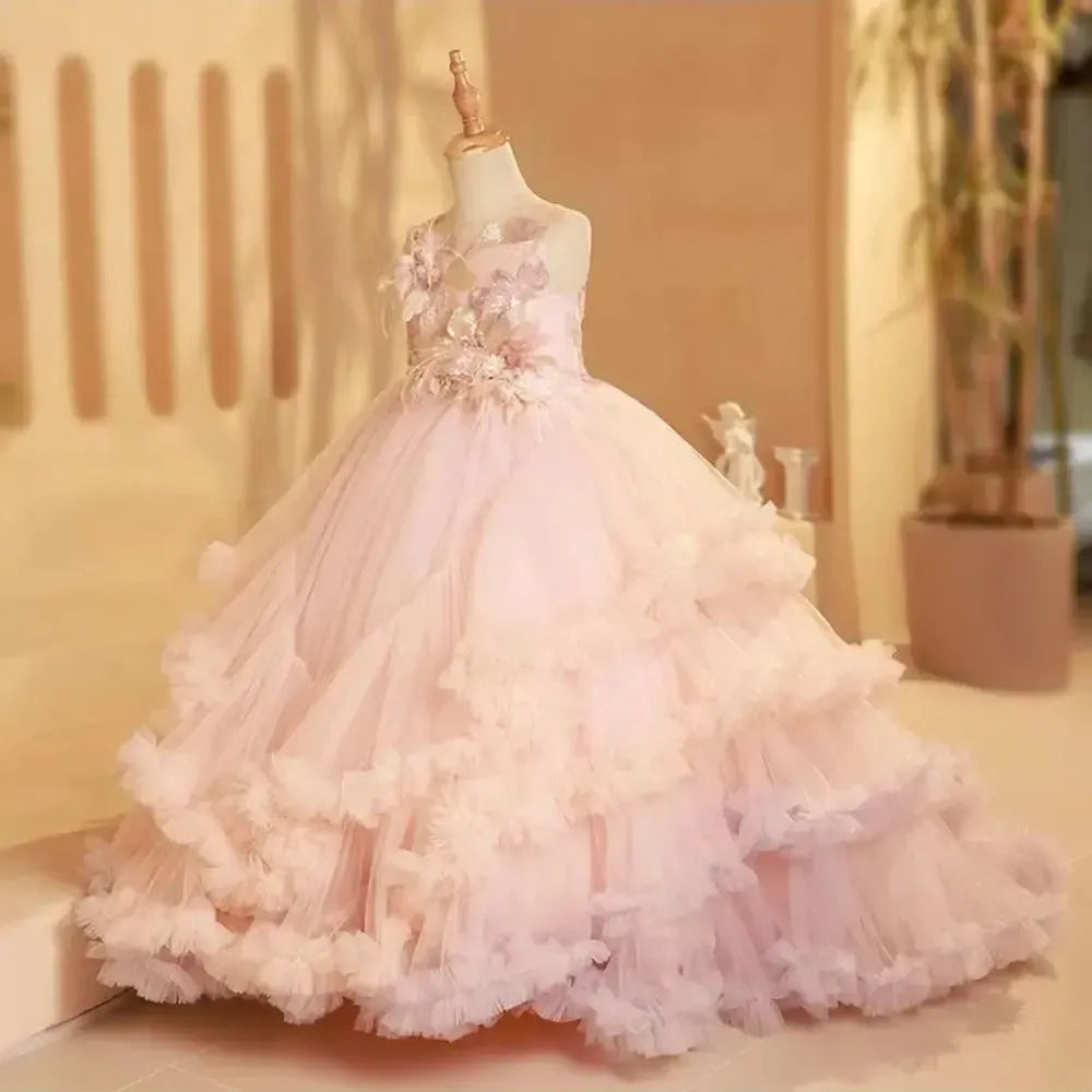 Jill Wish Luxury Blush Flower Girl Dress Feathers Arabic Princess Kids Wedding Birthday Party Ball Gown Holy Communion 2024 J246