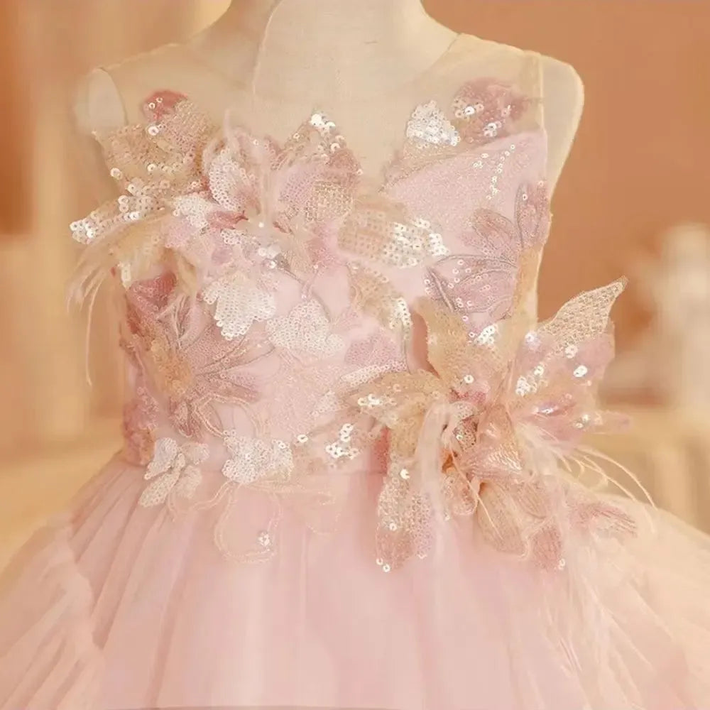 Jill Wish Luxury Blush Flower Girl Dress Feathers Arabic Princess Kids Wedding Birthday Party Ball Gown Holy Communion 2024 J246